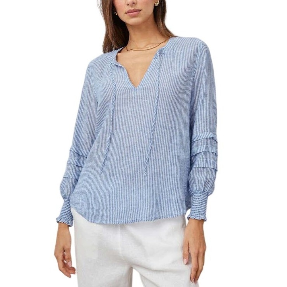 Rails Caterina Sanibel Stripe Linen Blend Blouse Blue White M Nautical Beach